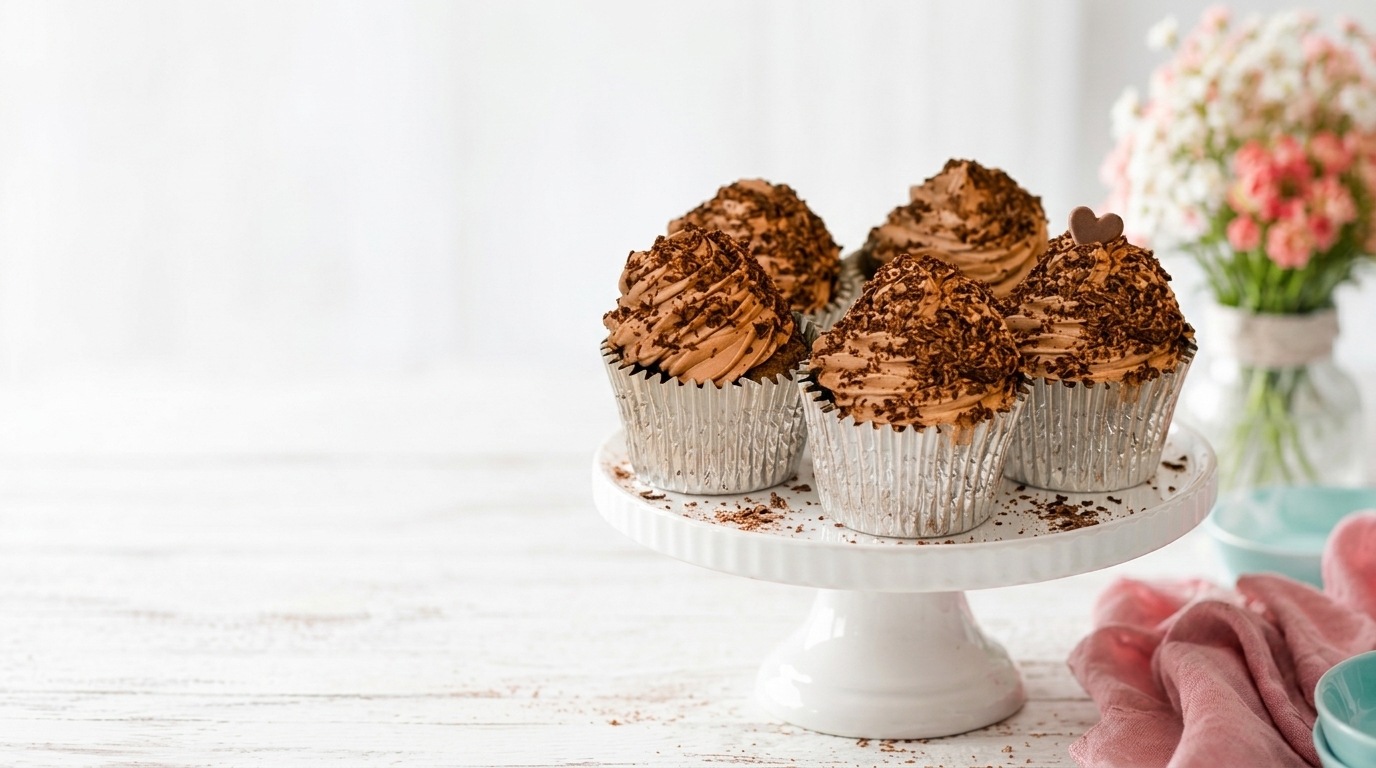Three-tier white cake stand holding pastel-frosted cupcakes on a wooden table